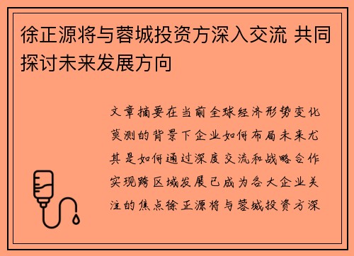 徐正源将与蓉城投资方深入交流 共同探讨未来发展方向
