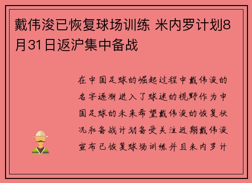 戴伟浚已恢复球场训练 米内罗计划8月31日返沪集中备战 戴伟浚已恢复球场训练 米内罗计划8月31日返沪集中备战