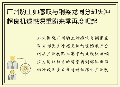 广州豹主帅感叹与铜梁龙同分却失冲超良机遗憾深重盼来季再度崛起 广州豹主帅感叹与铜梁龙同分却失冲超良机遗憾深重盼来季再度崛起